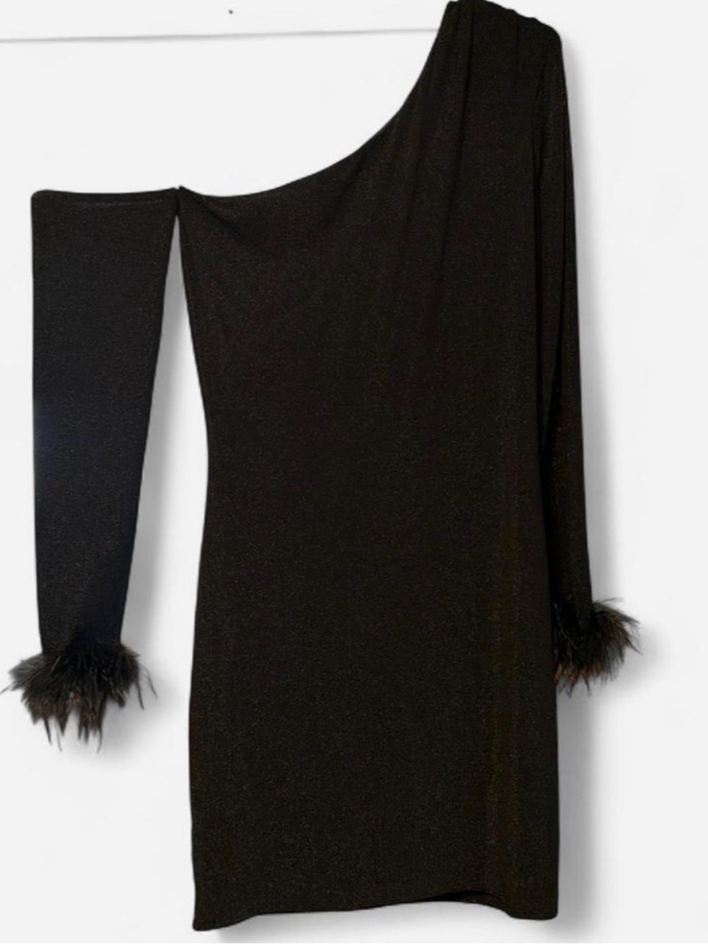 NWT Entro Black One-Shoulder Mini Dress with Feather Cuffs